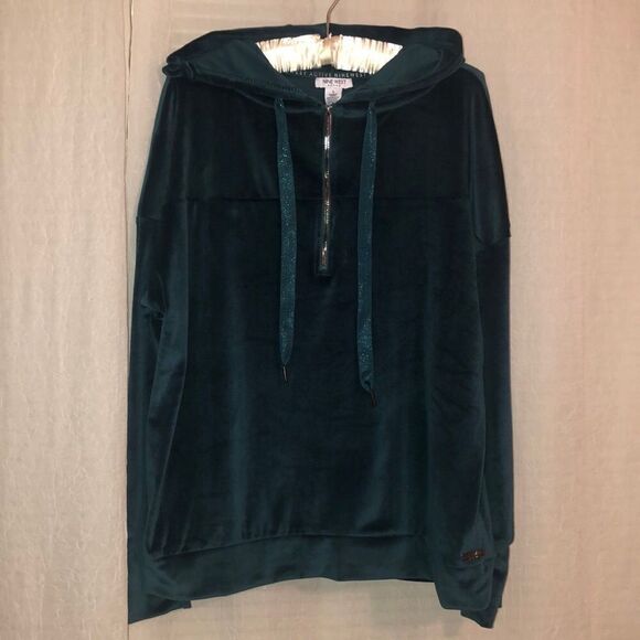Nine West L Active Velvet Dark Teal Quarter Zip Pullover Hoodie Loungewear - Picture 1 of 11